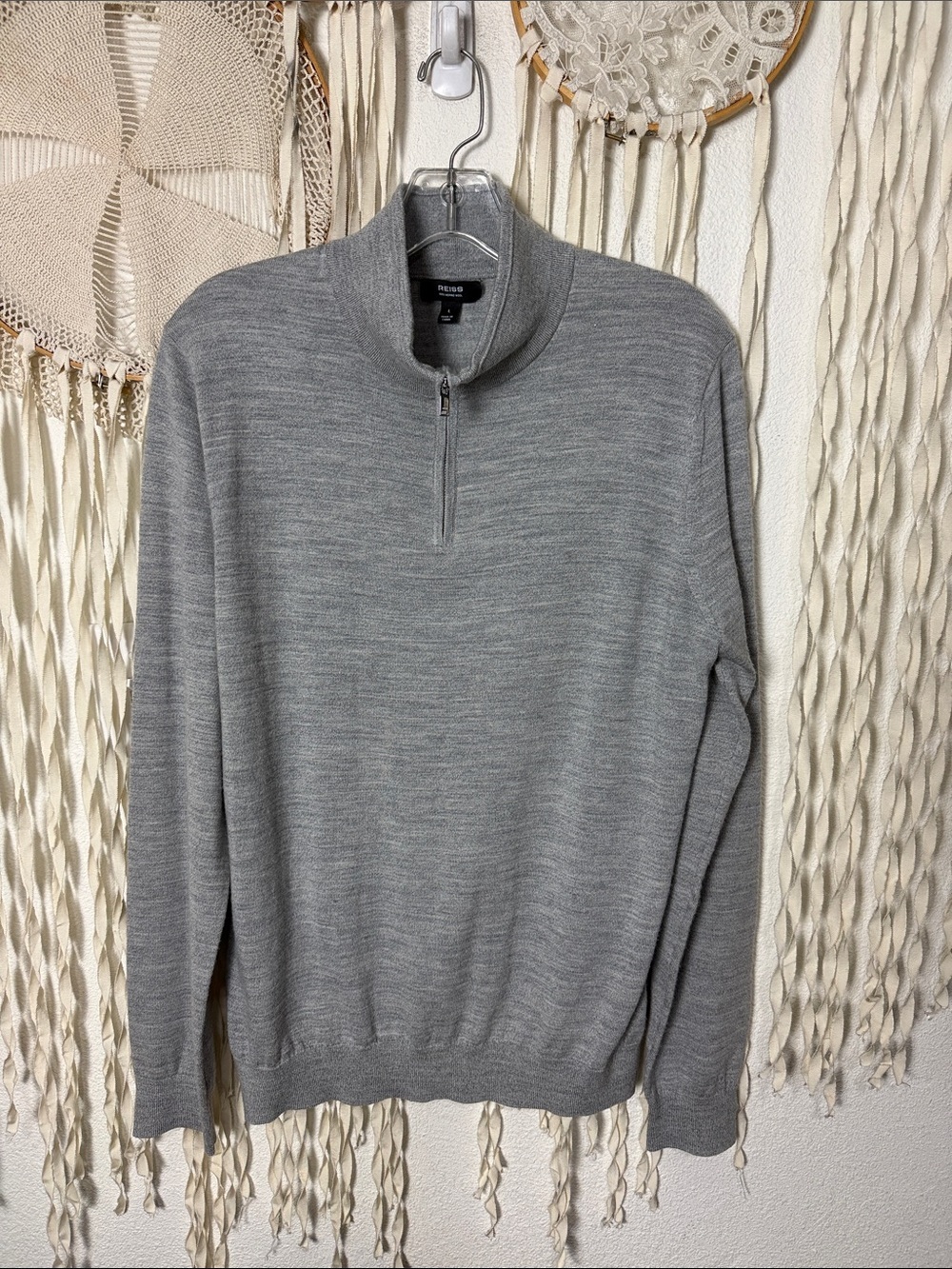 Reiss Merino Wool Half-Zip Jumper in Soft Grey Mouline Size Large